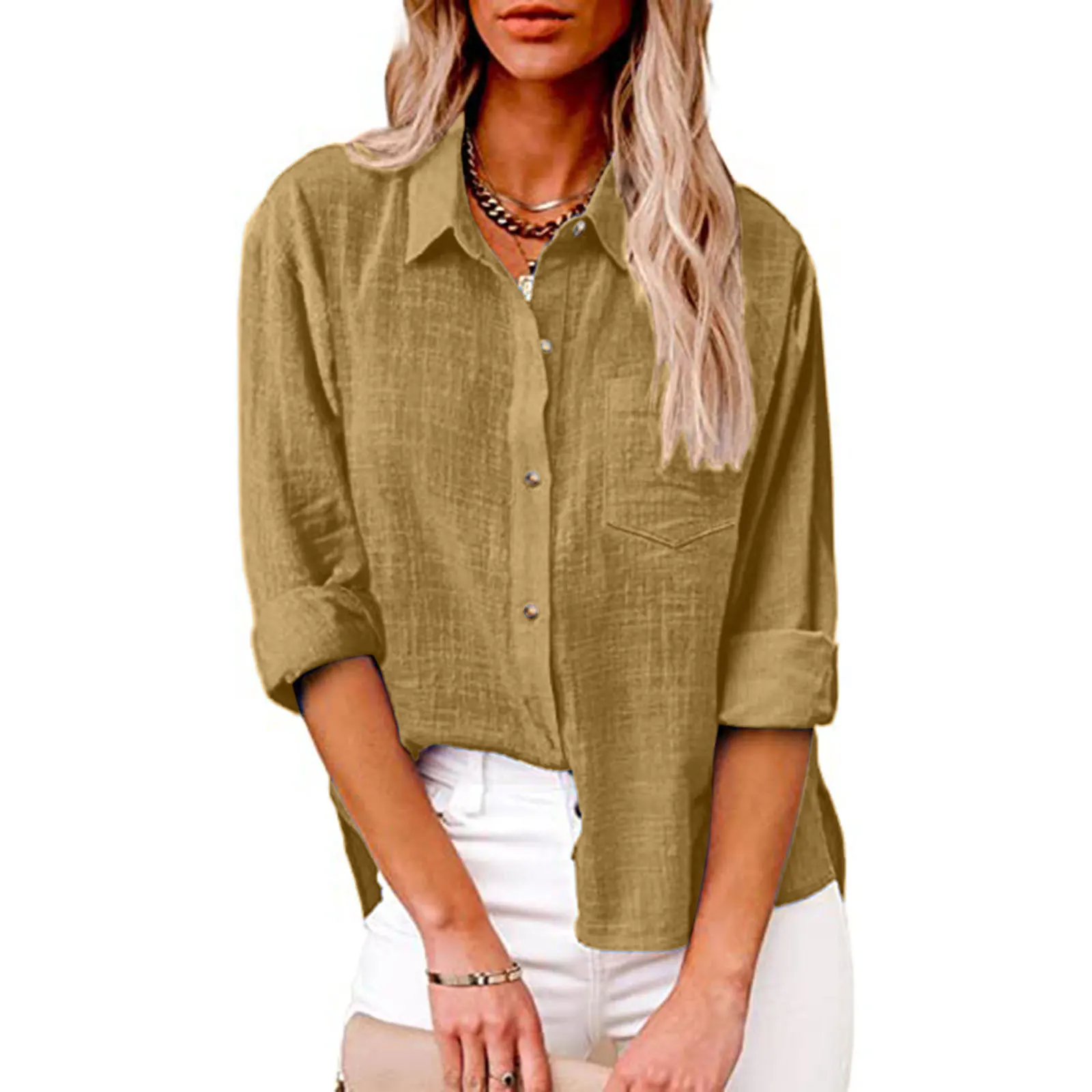 Women Elegant Solid Cotton Blouse Spring Summer Casual Long Sleeve V Neck Loose Shirt Office Lady Tunics Oversized Tops