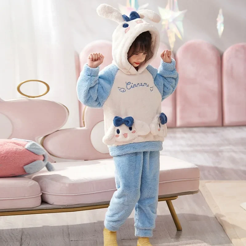 Anime Sanrio Hello Kitty Cinnamoroll Kuromi Children Winter Pajamas Cute My Melody Coral Velvet Warm Thickened Girl Pajamas Gift