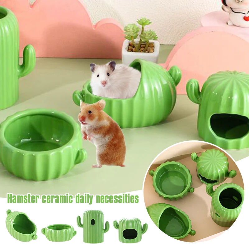 Green Cute Hamster Food Bowl Tub Bathtub Ceramic Pet Nest Cactus Shape Water Bottle Drinker Holder Hamster Small Pet Supplies