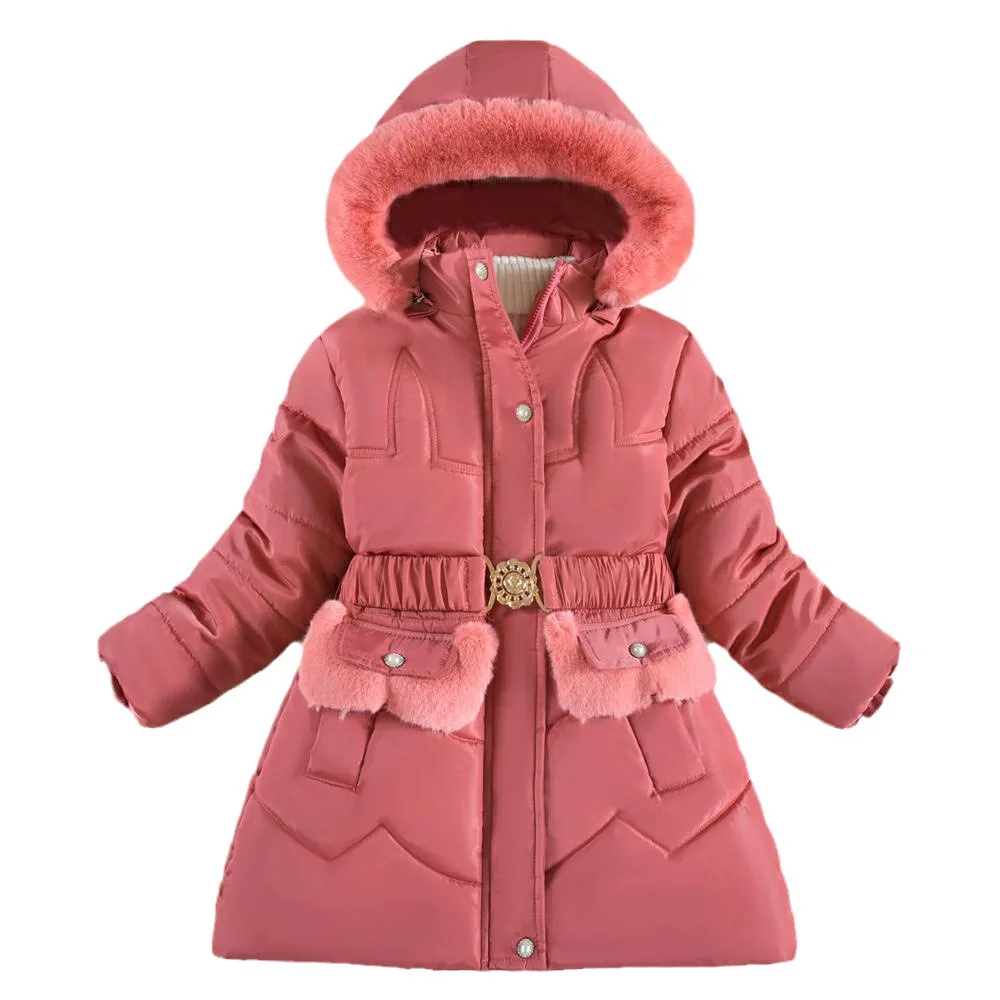 

Girls' Cotton Jacket 2024 Winter New Velvet Warm Down Jacket Children's large Fur Collar Hooded Cotton Jacket Fashionable coat