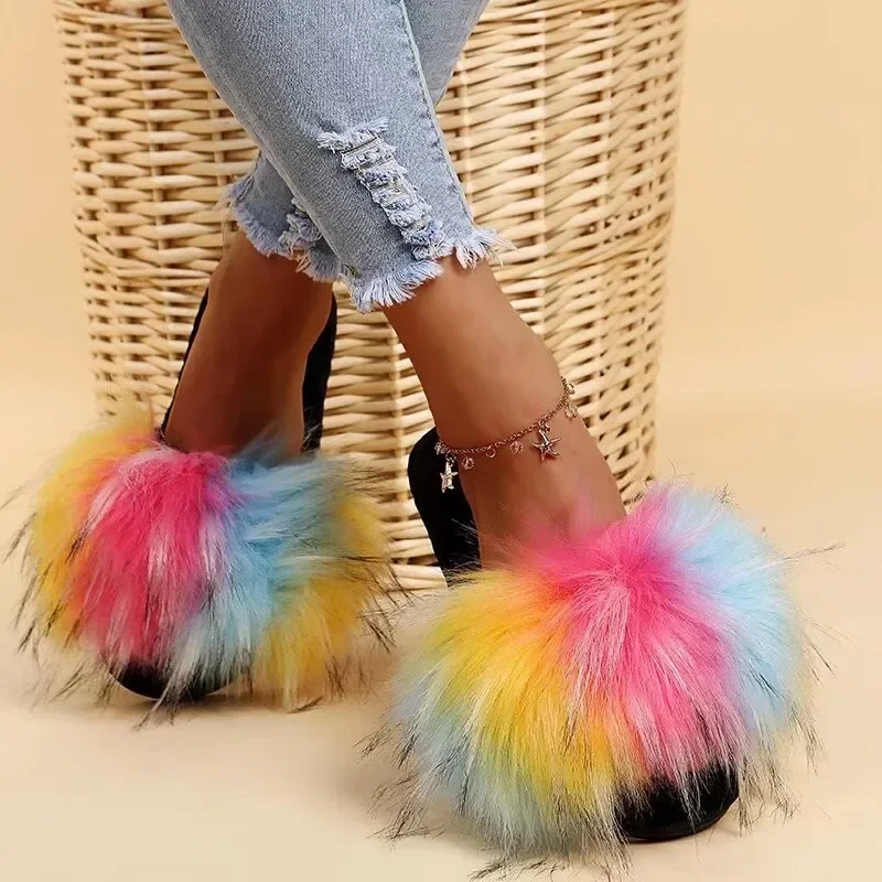 Fashion Leisure Slippers Women New Slides Casual Flat Low Heels Shoes for Women Solid Mixed Colors Furry Fur Slippers Plus Size