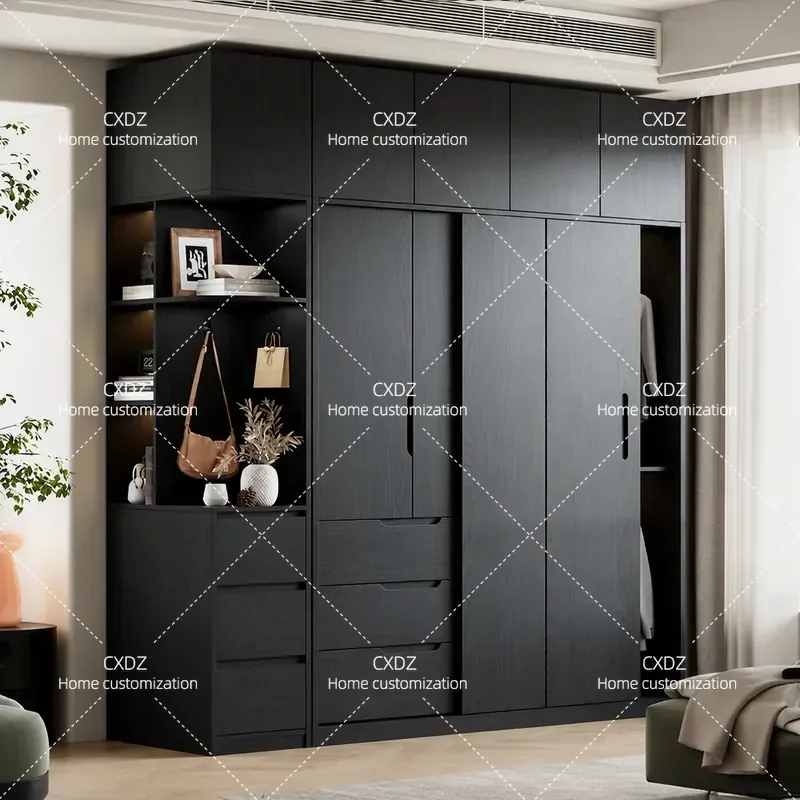 Black Oak Sliding Door Wardrobe for Bedroom Household Clothes Storage Cabinet Medium Small Apartment Furniture