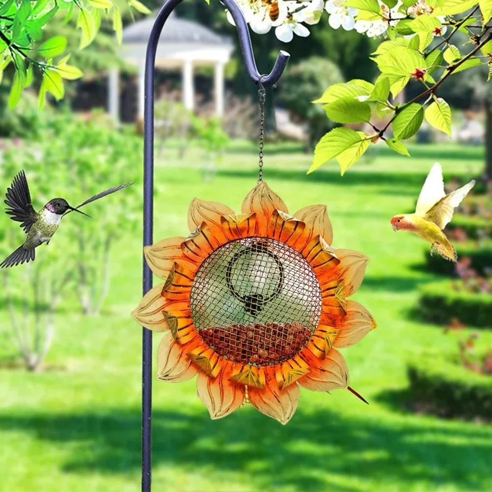 مغذيات الطيور البرية خارج الطائر الطنان معلقة تغذية الطيور البرية المعادن عباد الشمس في الهواء الطلق الطيور مربي حديقة ديكور مع هوك