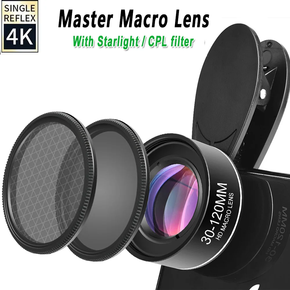 30-120mm Cell Phone Macro Lens Install Starlight Filter CPL 37mm Filter for ipad iPhone Samsung Android Pixel Phone Macro Lens