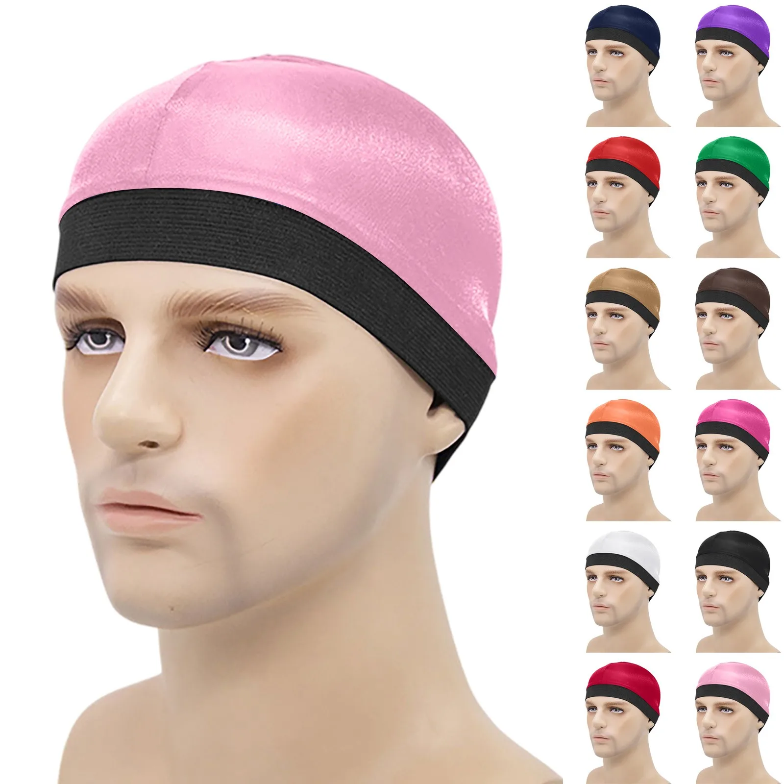 

Unisex Silky Dome Cap Helmet Liner Biker Beanie Hat Men Silk Breathable Bottom Wig Cap Outdoor Elastic Breathable Wave Caps