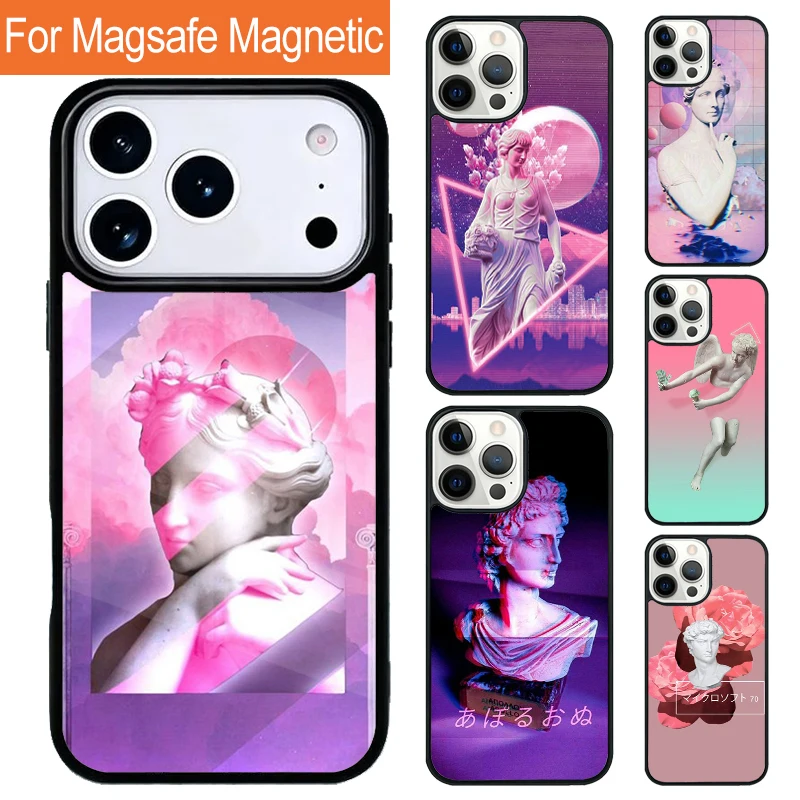 

Vaporwave Greek Sculpture Magnetic Wireless Phone Case For iPhone 17 Pro 16 15 13 12 11 Pro Max Air 14 Plus With Magsafe Cover