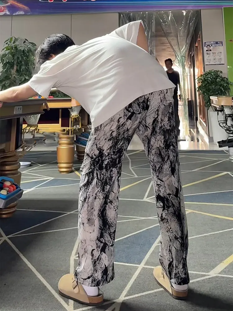 New Chinese Style Quick Dry Ink Tie Dye Ice Silk Casual Men's Pants Slim Straight Leg Wide Leg Anti-Mosquito Summer Leisure