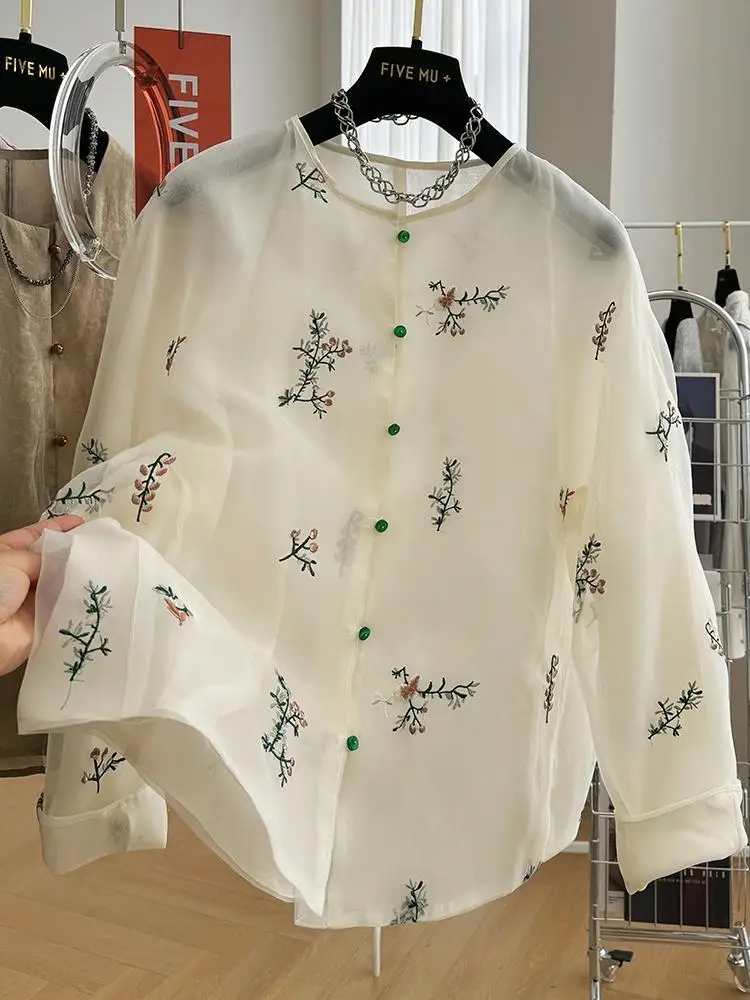 New Chinese style printed thin shirt for women's 2024 summer new sweet casual loose top  tops women