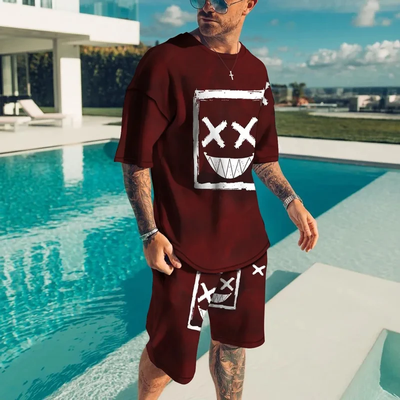 Camiseta e shorts de manga curta com impressão 3D do diabinho masculino, roupa esportiva extragrande, conjunto hip-hop, roupas masculinas, verão, novo, terno de 2 peças