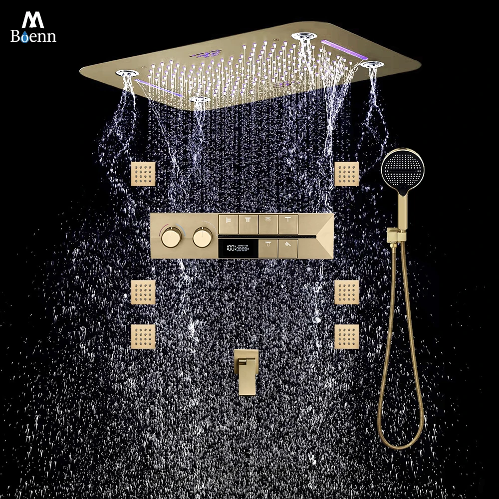 M Boenn 6 Functions Shower Set Bathroom Faucets Ceiling 64-Color Ambient Lighting Shower Head Rainfall Thermostat Divider Mixer