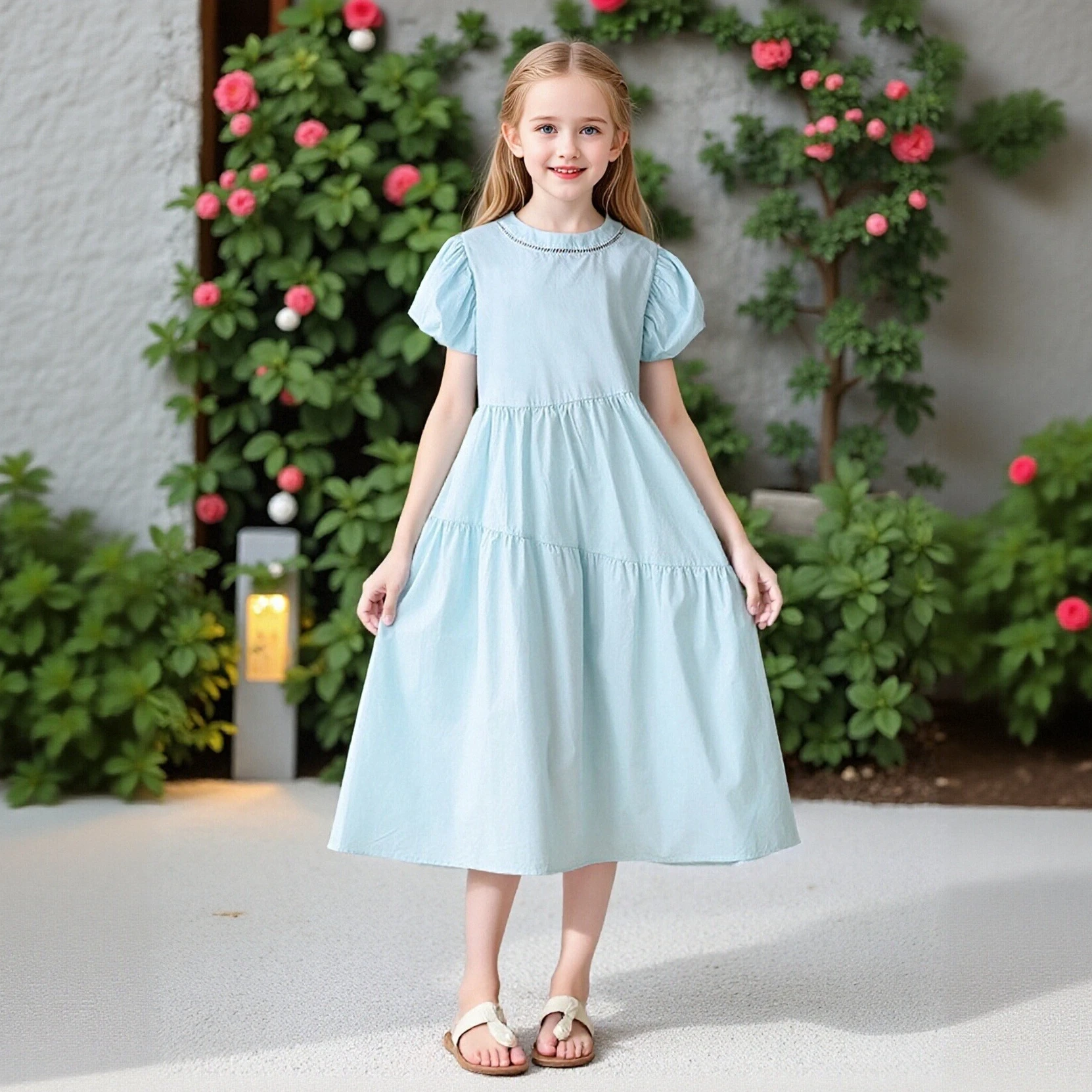 

Летнее повседневное хлопковое платье для девочек: светло-голубое, с пышными рукавами, круглым вырезом, ажурной отделкой и многоярусной юбкой, в стиле принцессы
