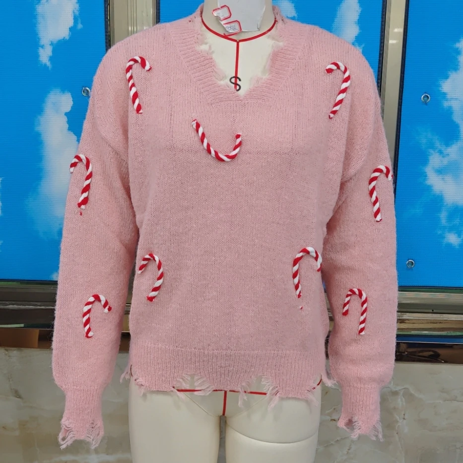 

Милый женский рождественский вязаный свитер с аппликацией, длинный рукав, v-образный вырез, трикотажные топы с вышивкой ярких тростей