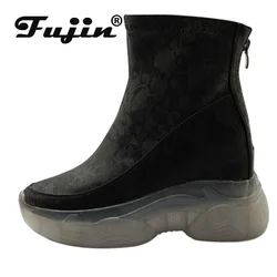 Fujin 9.5cm syntetyczna mikrofibra kobieta ROME ZIP motocykl okrągłe Toe oddychające wiosenne masywne trampki botki jesienne buty