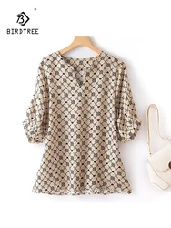 BirdTree, 100%Real Silk Elegant T-Shirt For Women, V Neck Short Sleeve Printed, Casual OL Commute Tops, 2024 Summer New T43294QC
