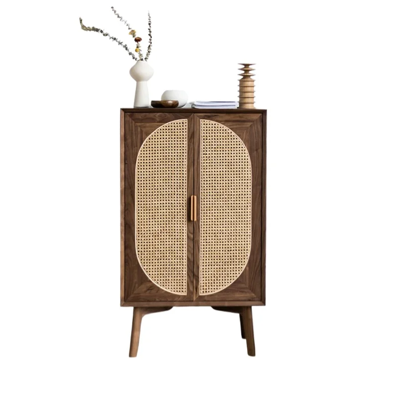 New Chinese North American black walnut rattan storage cabinet Song style aesthetic sideboard Zen wabi-sabi style furniture