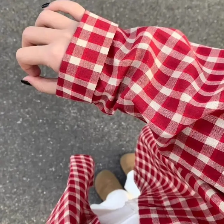 Retro American Red Plaid Long Sleeve Women's Shirt Early Spring Outerwear Summer Style Lazy Sun Protection Top Korean Version... 3
