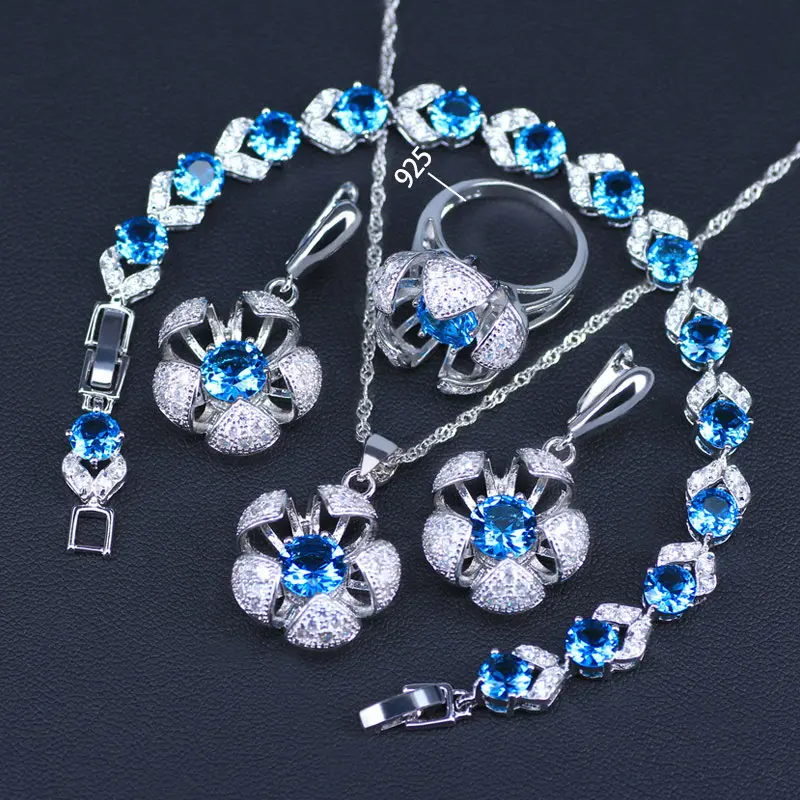 3D Flower Sky Blue Square Silver 925 Costume Jewelry For Women Drop Earrings Ring Necklace Bracelet Set