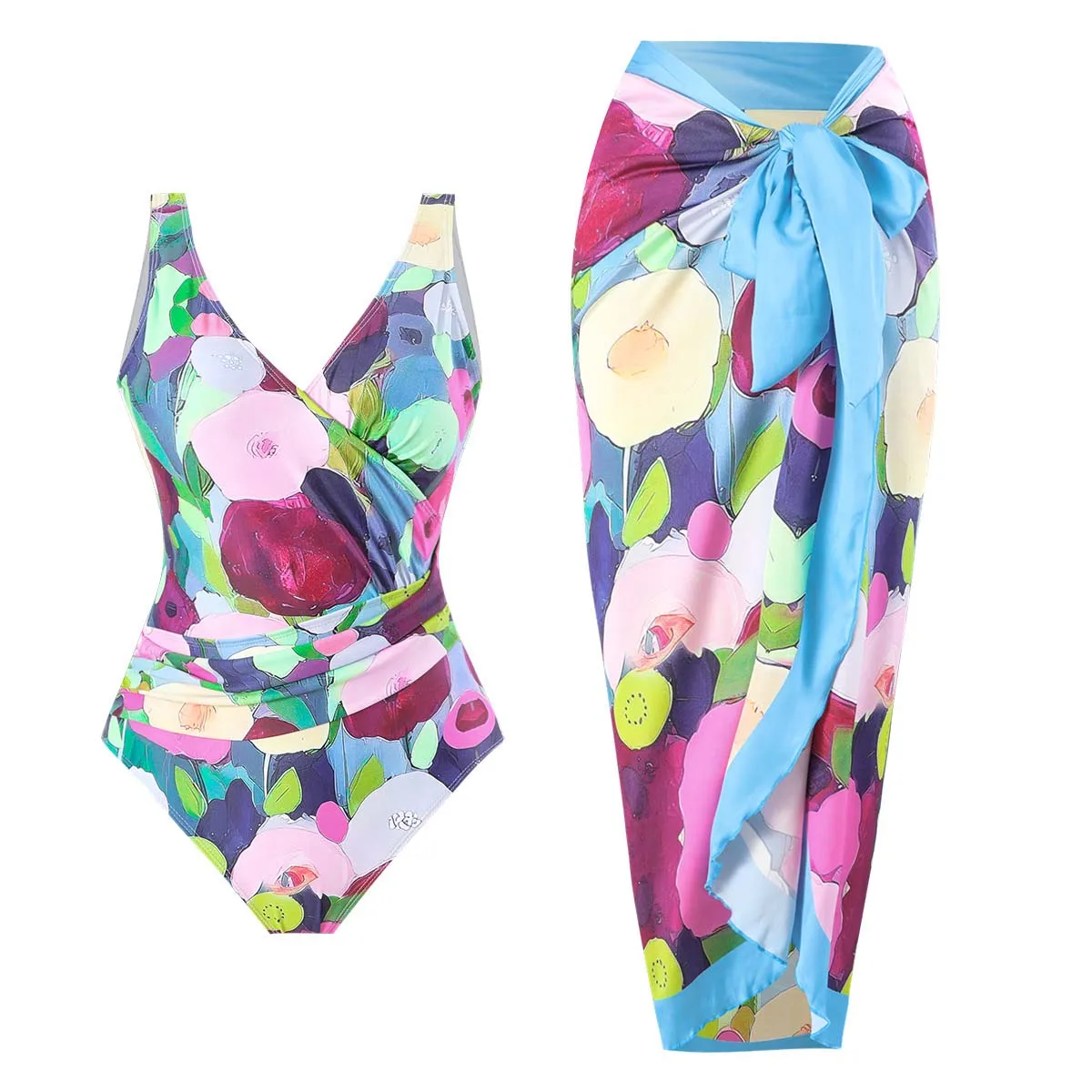 Traje de baño con estampado Floral para mujer, falda envolvente, cubierta de Sarong, playa de verano