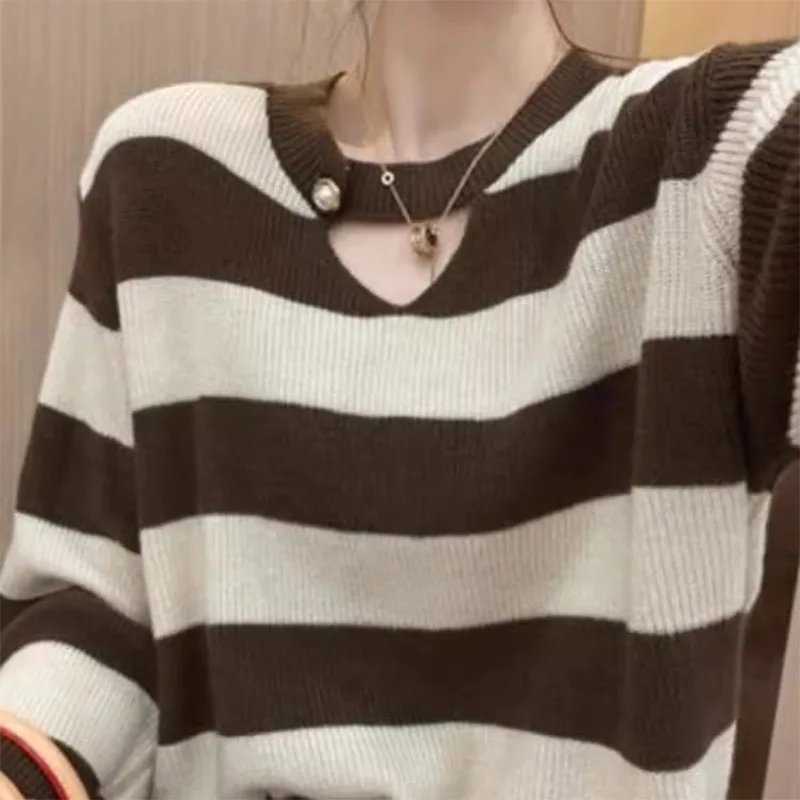 Women Clothing Casual Loose O-neck Knit Sweaters 2024 Autumn Winter New Fashion Striped Oversized Pullovers Chic Hollow Out Tops