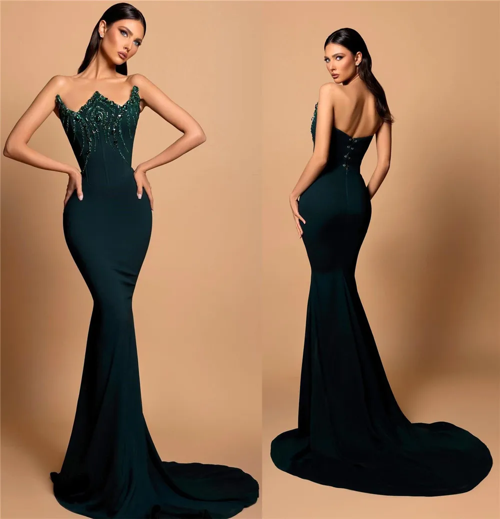 2024 Sunnye Popular Charming Satin Rhinestone Celebrity Dress Sparkle Strapless Evening Dresses Mermaid Backless  Prom Gowns