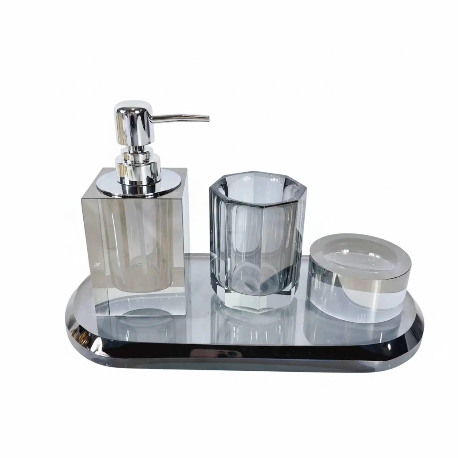 Faceted Glass Soap Dispenser Set with Matching Cup for Bathroom Sink Counter Organization