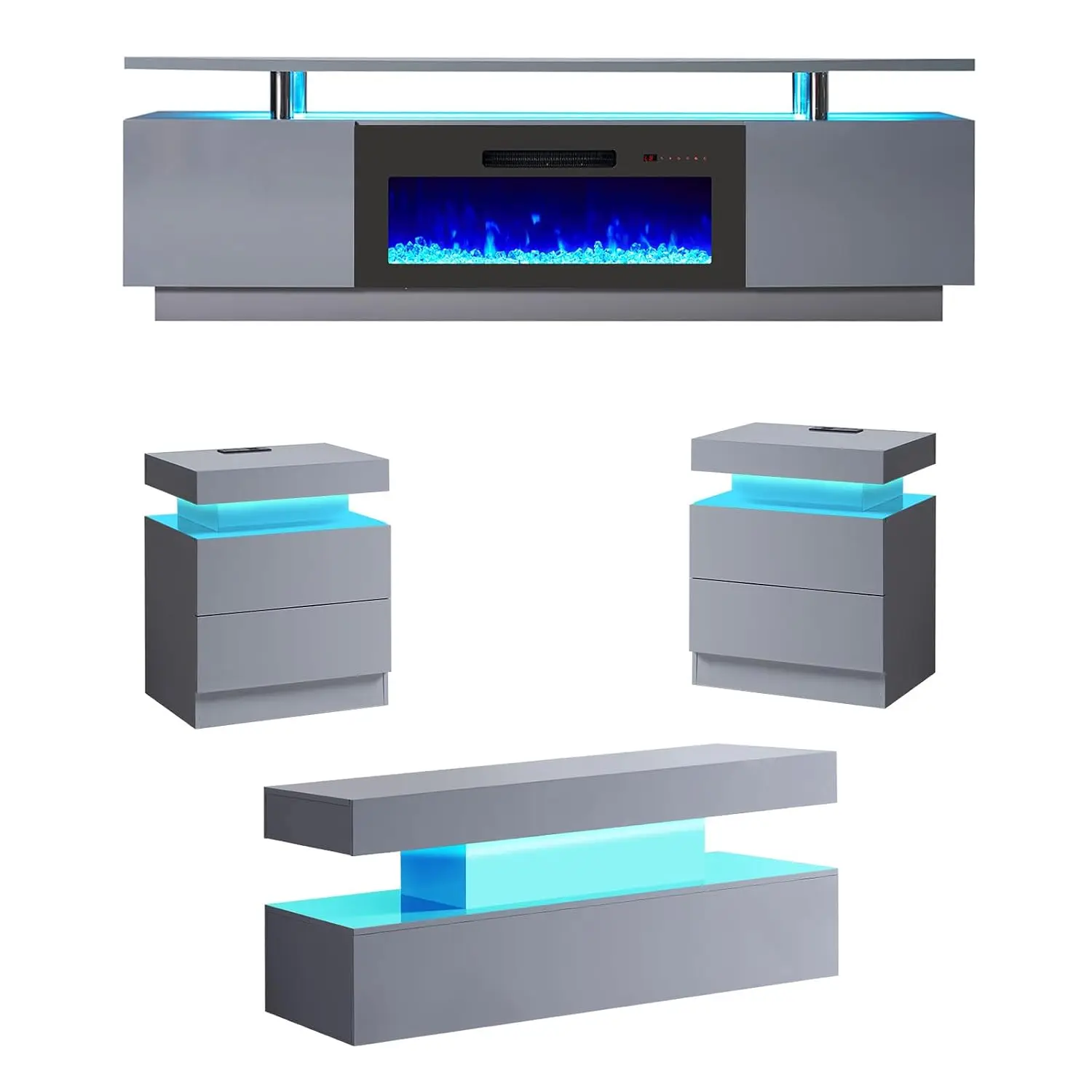 5-Piece Living Room Table Set, 80" Fireplace TV Stand, Grey
