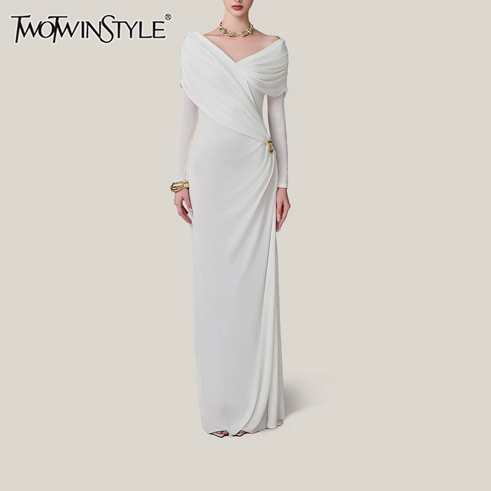 

TWOTWINSTYLE Solid Slimming Spliced Folds Elegant Dresses for Women V Neck Long Sleeves Patchwork Sequined Dress Female Clothing