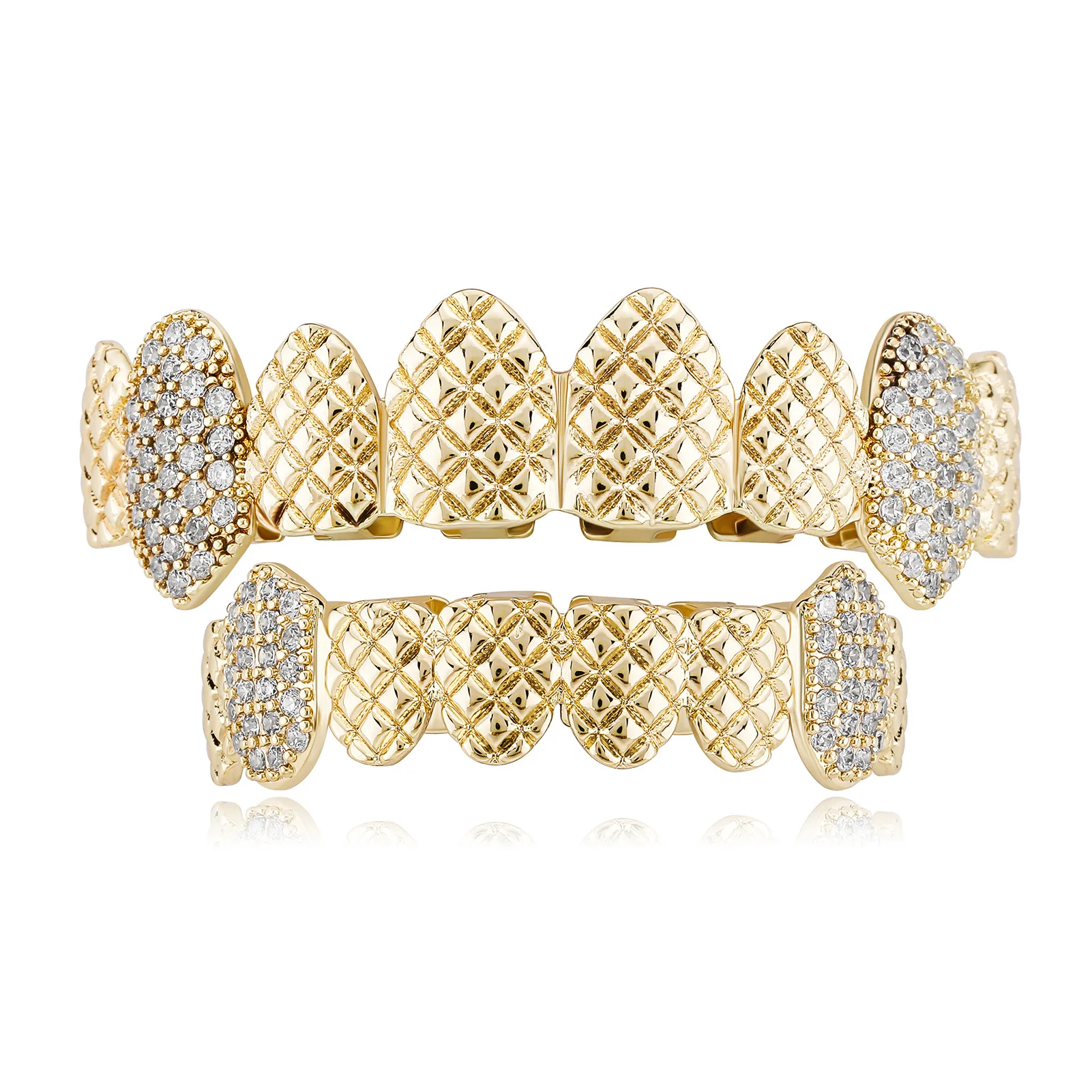 Iced Out 8 Teeth Grillz Set Pyramid Spike Texture Top Bottom Teeth Cap Copper Hip‑Hop Rapper Grillz Dropshipping