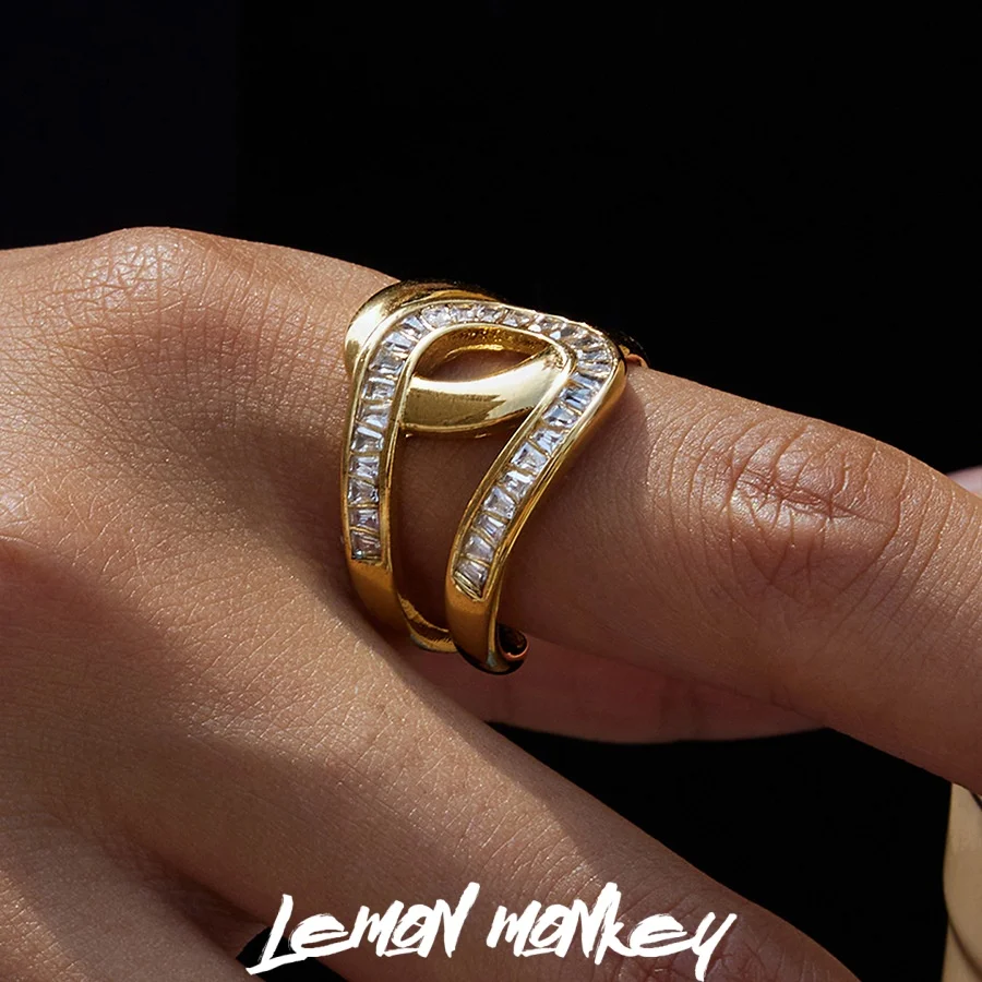 

Asymmetric Double-Layer Geometric Open Ring U-Shaped Design Gold Stainless Steel Zircon Perfect Birthday Gift