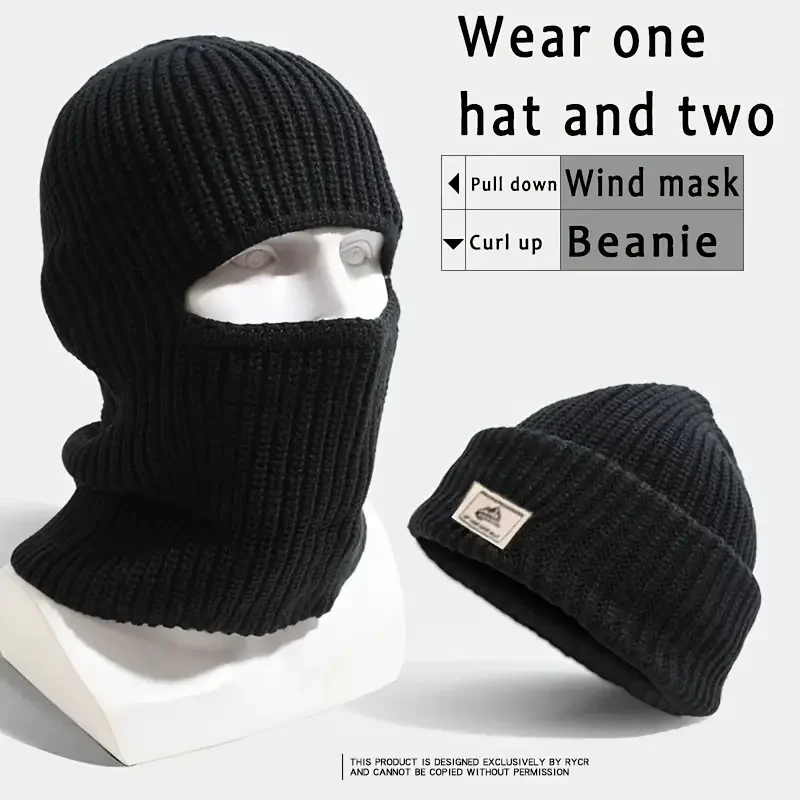 2-in-1 Winter-Maske Mützen Warme Gestrickte Sturmhaube Winddichte Einfarbige Vollgesichts-Skimütze Taktische Fahrrad-Ohrenschützer Kappe