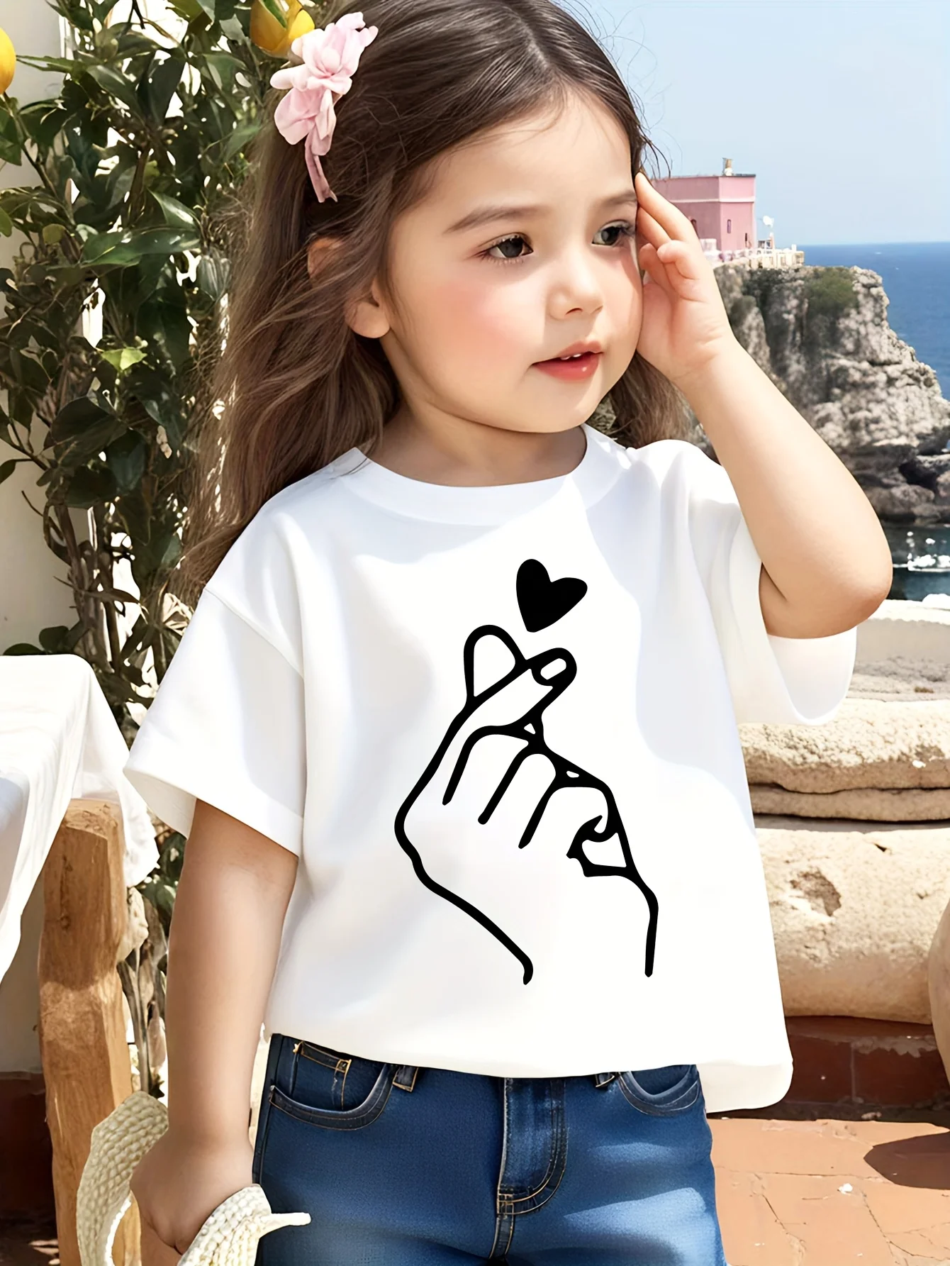 Finger Heart Minimalist Line  Kids T Shirt Boys Girls Family Match Cotton Short Sleeve Summer Children Daily Casual Basic Wear
