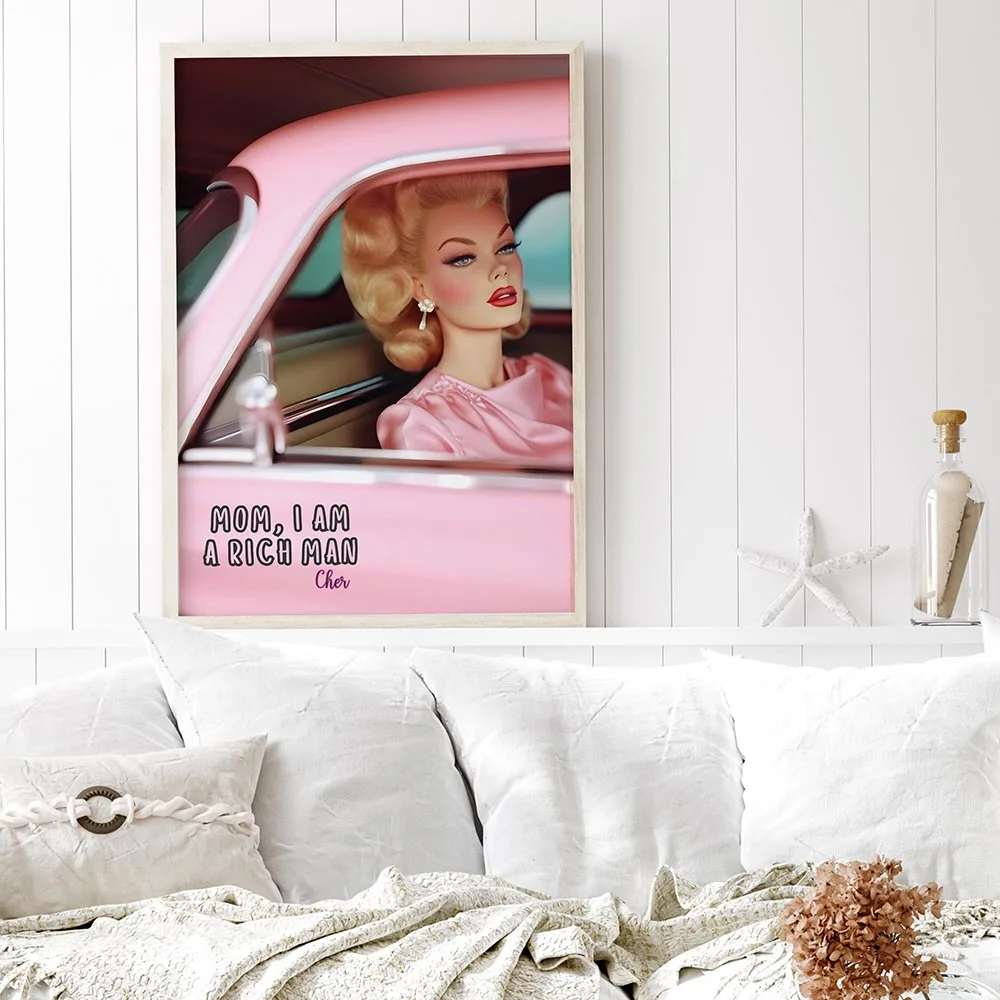 Funny Doll Wall Art Pink Rich Girl Canvas Painting Preppy Room Girly Poster Canvas Prints For Bar Cart Home Decor Unframed