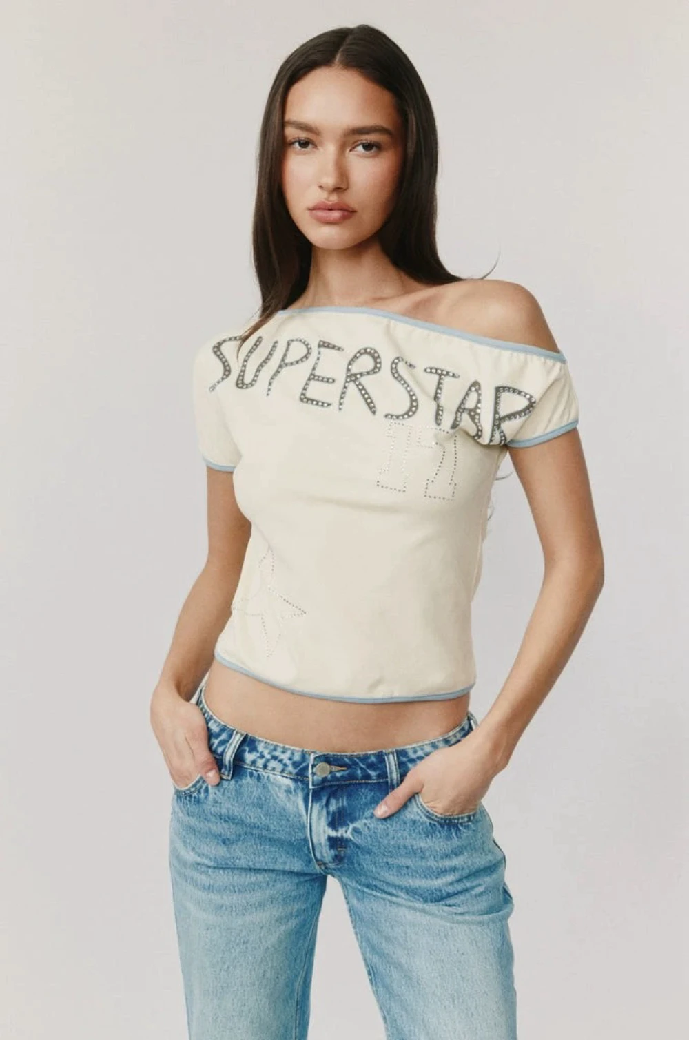 

Withjean pale yellow slanted shoulder hot diamond T-shirt contrasting letter print design top