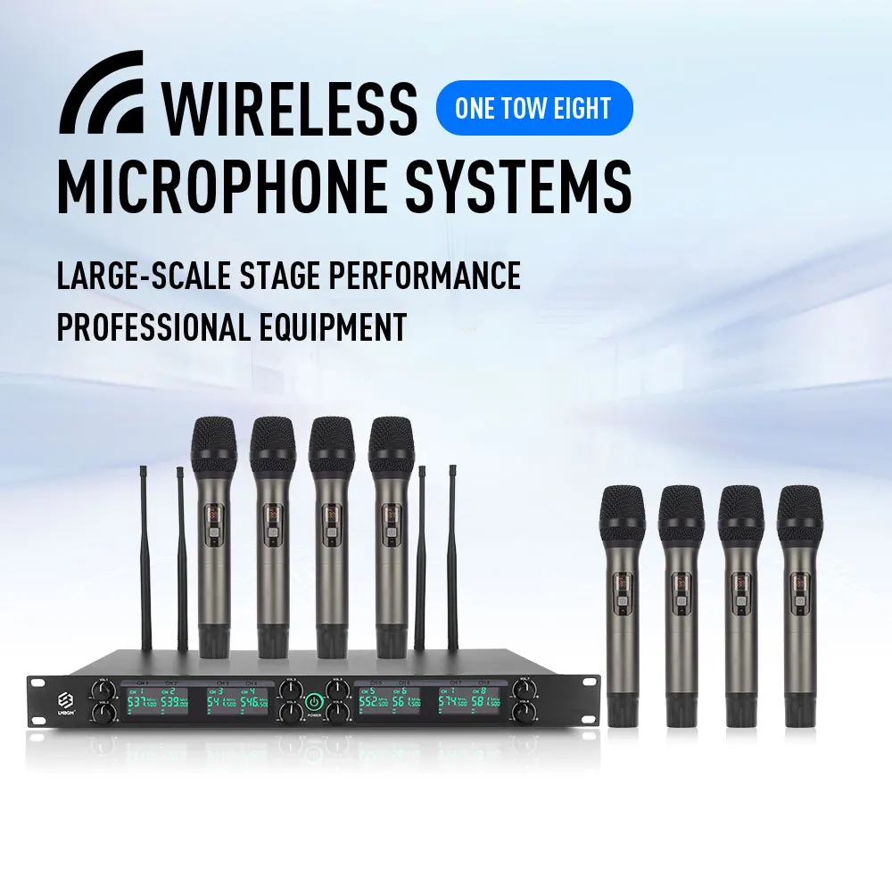 LMBGM K25R Professional UHF Wireless Microphone System 8-Channel Cordless Handheld Lavalier Lapel Headset Mic Set Metal Receiver Adjustable Frequency Anti-Interference Clear Vocal Sound For Stage Karaoke Singing Church Conference Speech Party Show Wedding