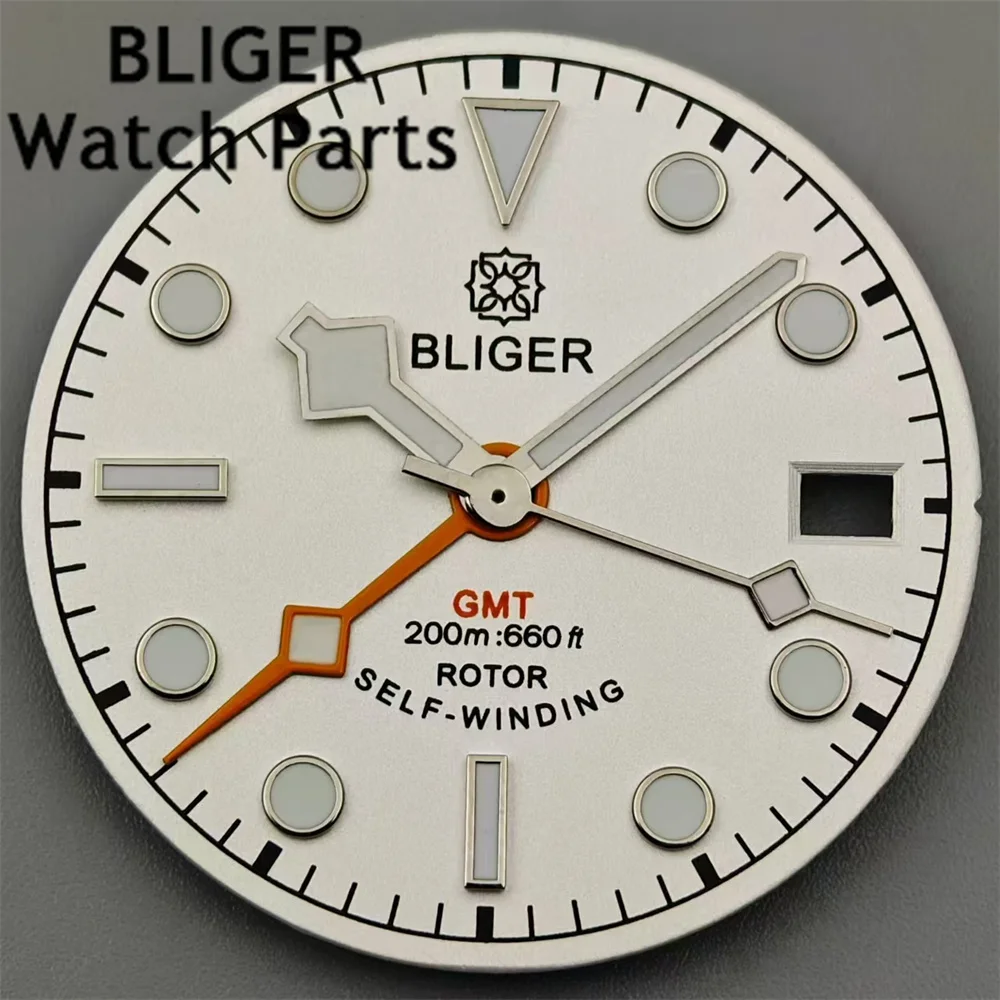 Bliger 29mm mostrador branco prata borda marcas de tempo verde azul vermelho laranja gmt marca com conjunto mão verde luminoso ajuste movimento nh34