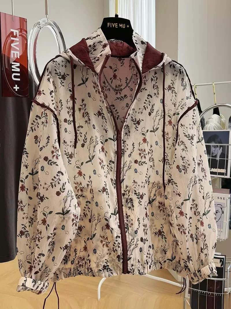 

Floral Print 2025 Chaquetas Mujer Hooded Drawstring Casaco Zip Chaquetas Loose Long Sleeve Woman Jacket Broken Flower Outerwears
