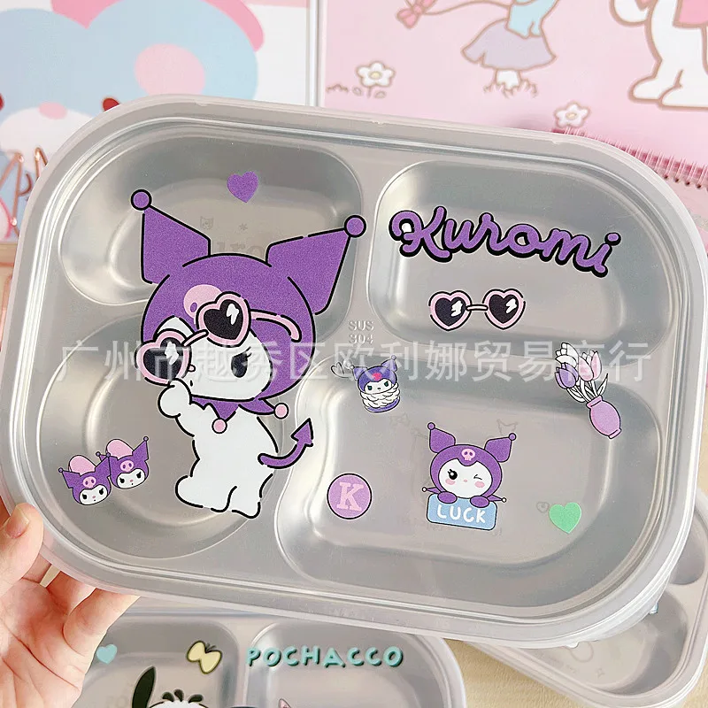 

Cute Kuromi Lunch Box Sanrio Anime My Melody Cinnamoroll Pochacco 304 Stainless Steel Plate Cover Thickened Divided Plates Toy