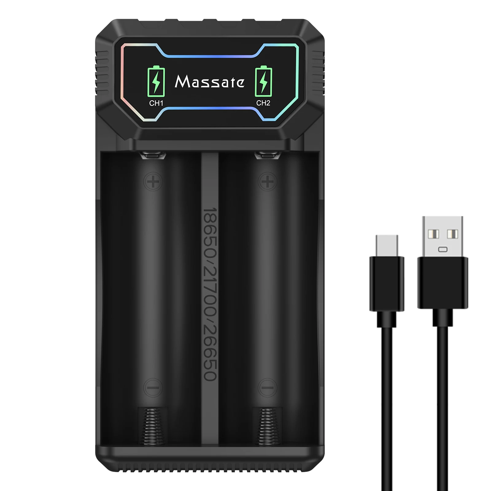 

Massate 18650 Battery Charger 2 Slots Fast Dual Charger for 18650 21700 26650 4.2V Lithium Rechargeable Battery Charging Device