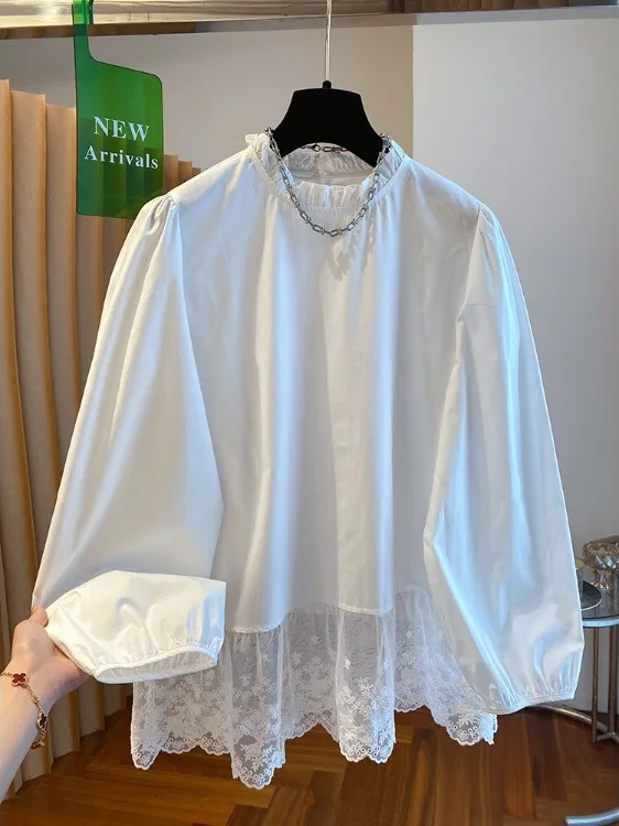 

Authentic White Lace Splicing Women's Shirt Spring 2026 round Neck Pullover Original Design Cotton Long Sleeve Stand Collar