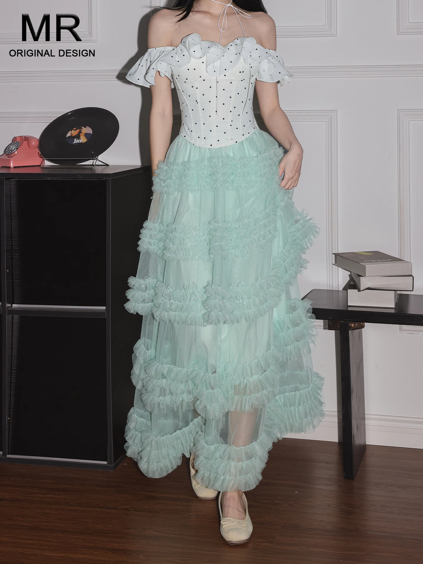 

Нежная юбка-полусолнце в стиле принцессы, зеленая, с кружевом, многослойная, пышная, с рукавами-фонариками, повседневная, с высокой талией, из полиэстера