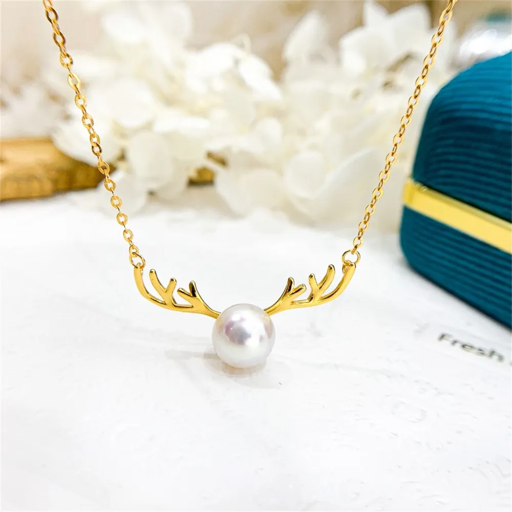 

DIY Pearl Accessories S925 Sterling Silver Set Chain Empty Holder Gold Silver Pendant with Silver Chain Matching 7-9mm Round Fla