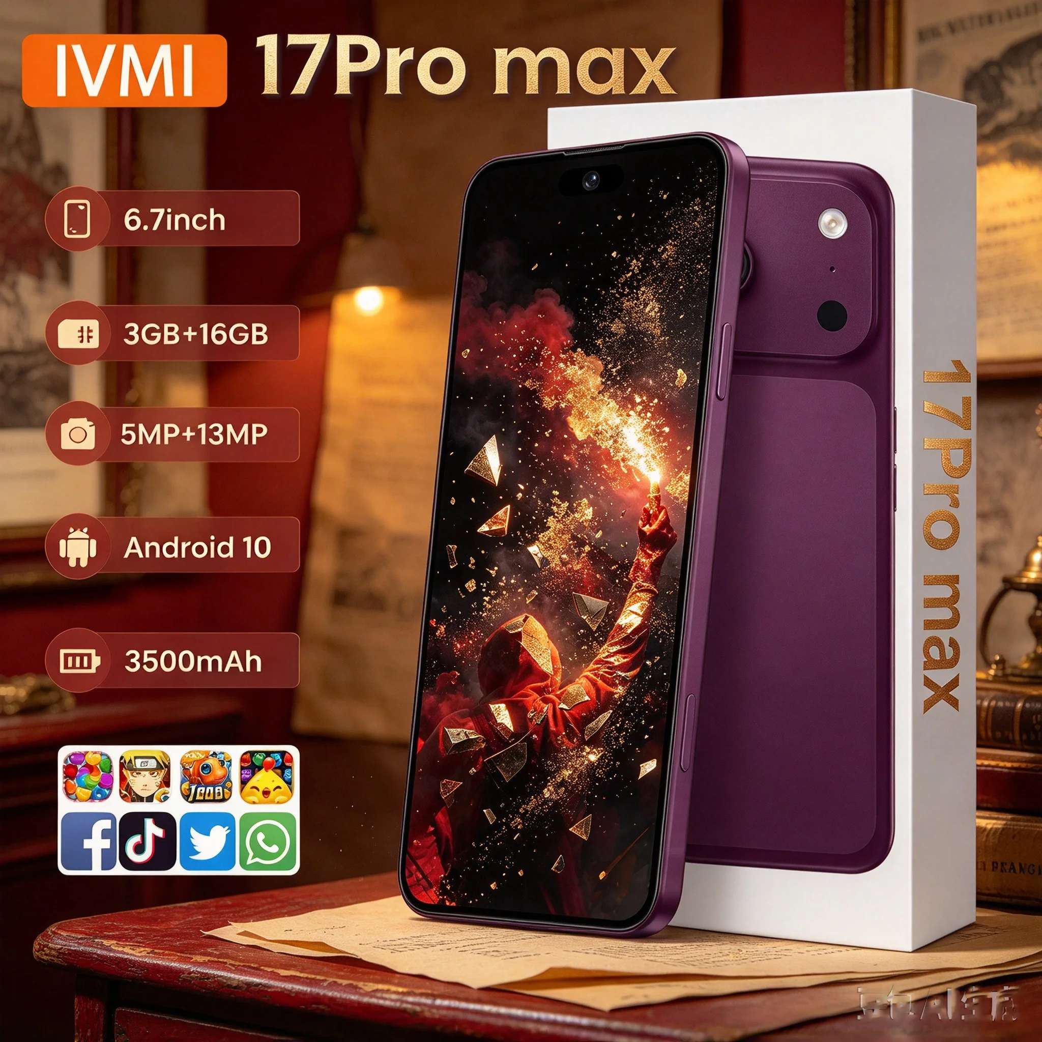 IVMI 17Pro Max Global Vision Smartphone 3GB+16GB ROM Dual Card Google Play Store 6.7'' 3500mAh 4G Network Face ID Mobile Phones