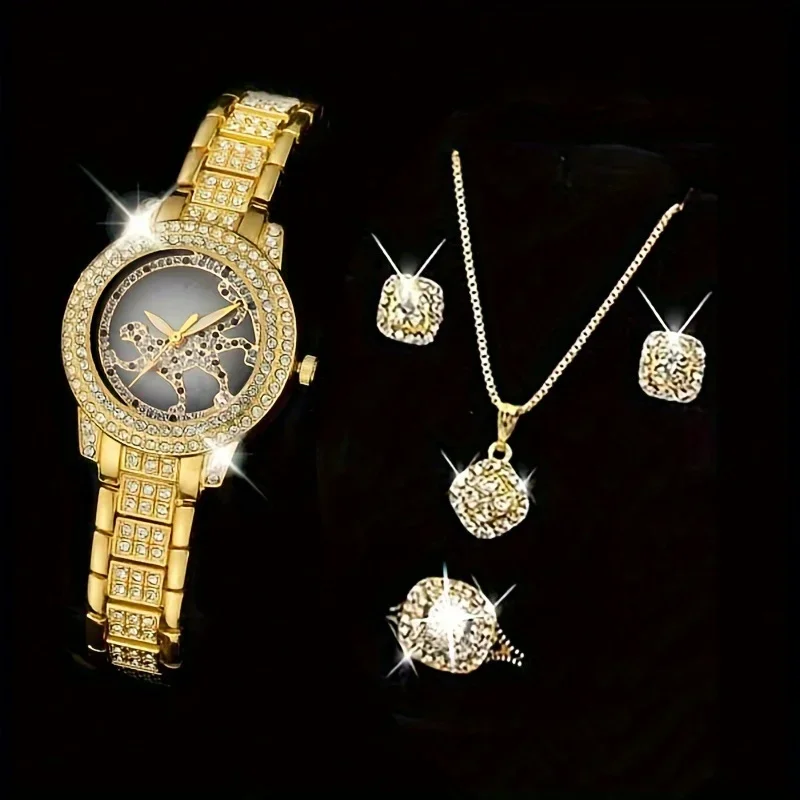 5pcs/set Women's Watch Cheetah Leopard Quartz Watch Luxury Rhinestone Analog Wrist Watch & Jewelry Set, Gift For Mom Her