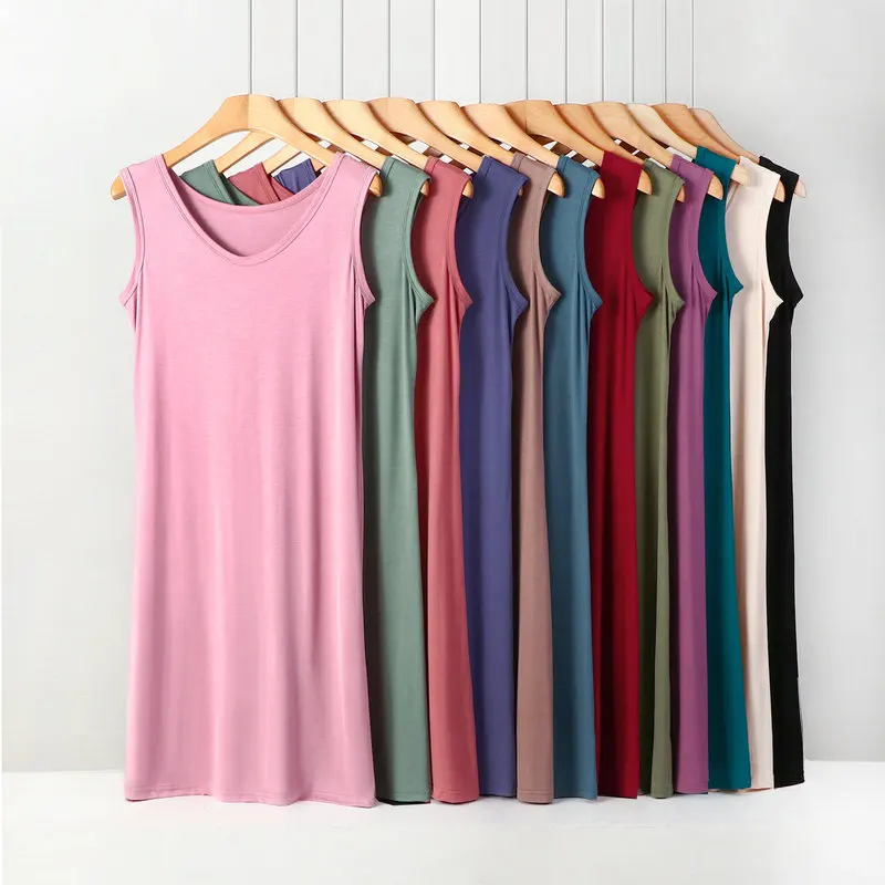 Summer Modal Vest Style Nightdress for Women Solid Color Loose Mid Length 8xl Plus Size Sleeveless Base Dresses for Women