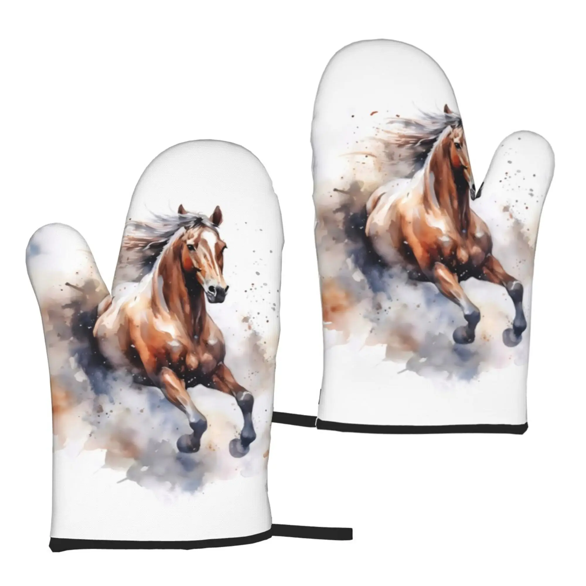 Running Horse Watercolorful Set of 2 Kitchen Gloves Women Men Oven Gloves Heat Resistant for BBQ Cooking Microwave Ovens