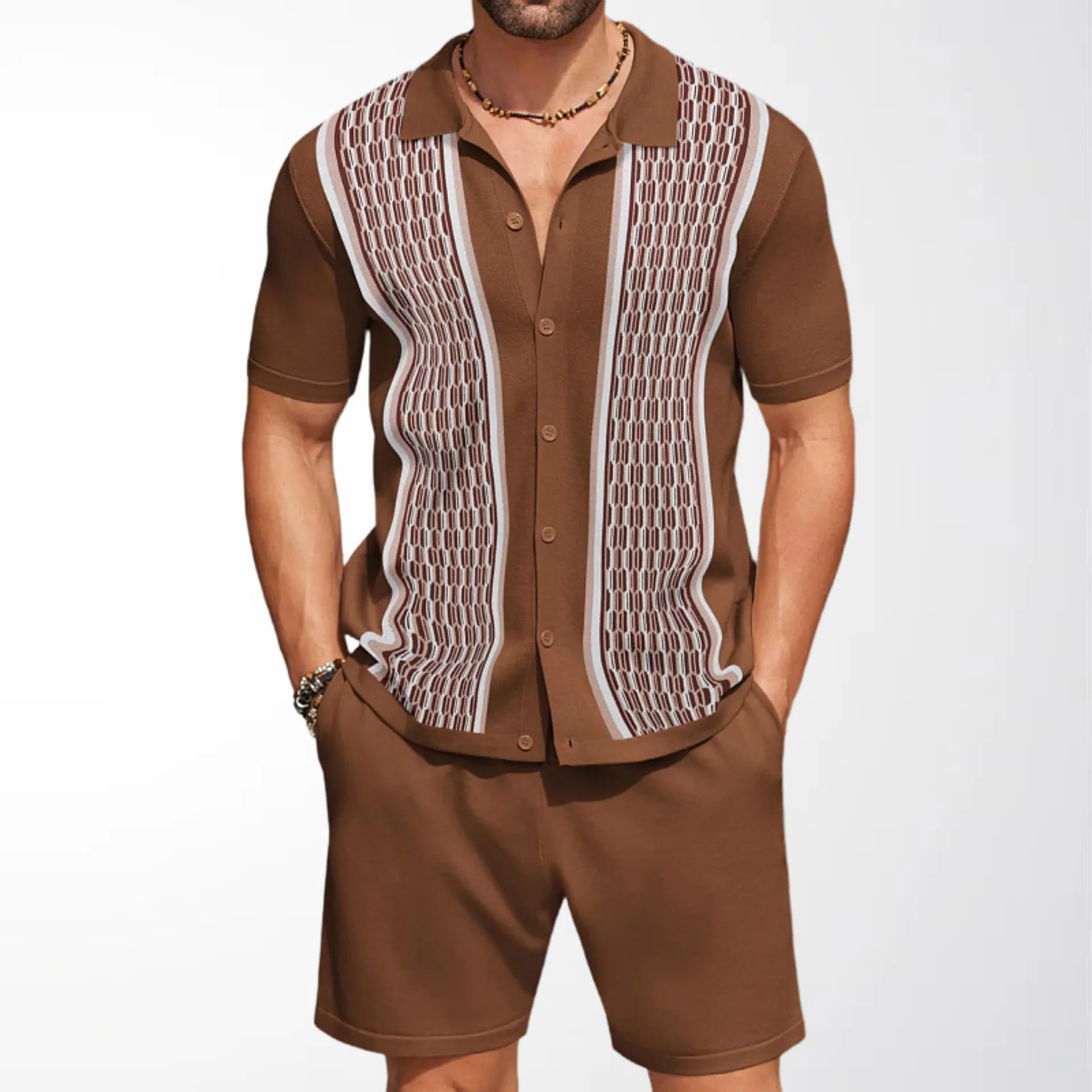 

New Men's Color Block Polo Shirt Shorts Two Piece Set Turn Down Collar Single Breasted Design Retro Comfort Casual Slim Fit Set