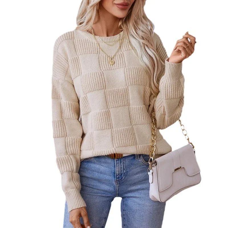 Sweaters Knit Women Plaid Full Sleeve Thick Pullovers Straight Casual Splice Jumpers Outwear Elegant Lady Autumn Winter