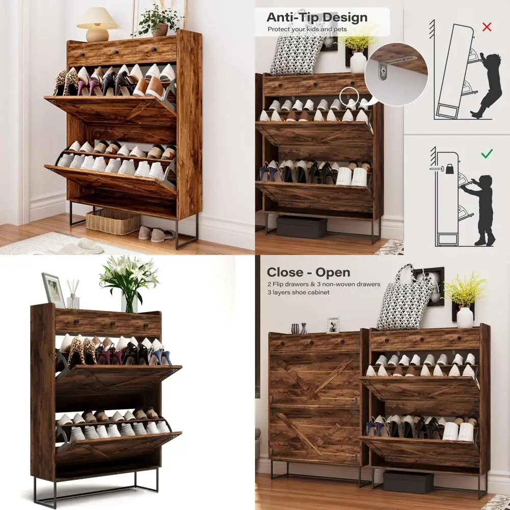 

LAUSAINT HOME Shoe Storage Cabinet with 2 Flip Drawers & 3 Drawers for Entryway, Freestanding Hidden Shoe Organizer with Metal L