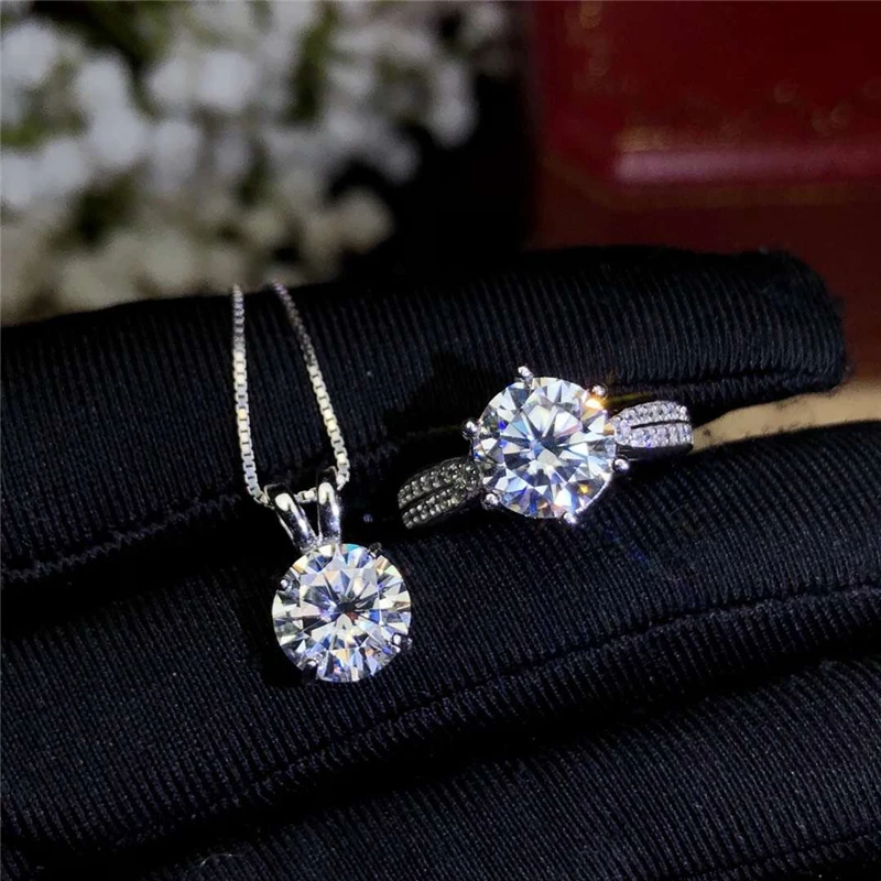 Yanleyu Luxury Bridal Wedding Jewelry Set Original Tibetan Silver 2 Carat Round Cubic Zircon Engagement Ring Necklace for Women