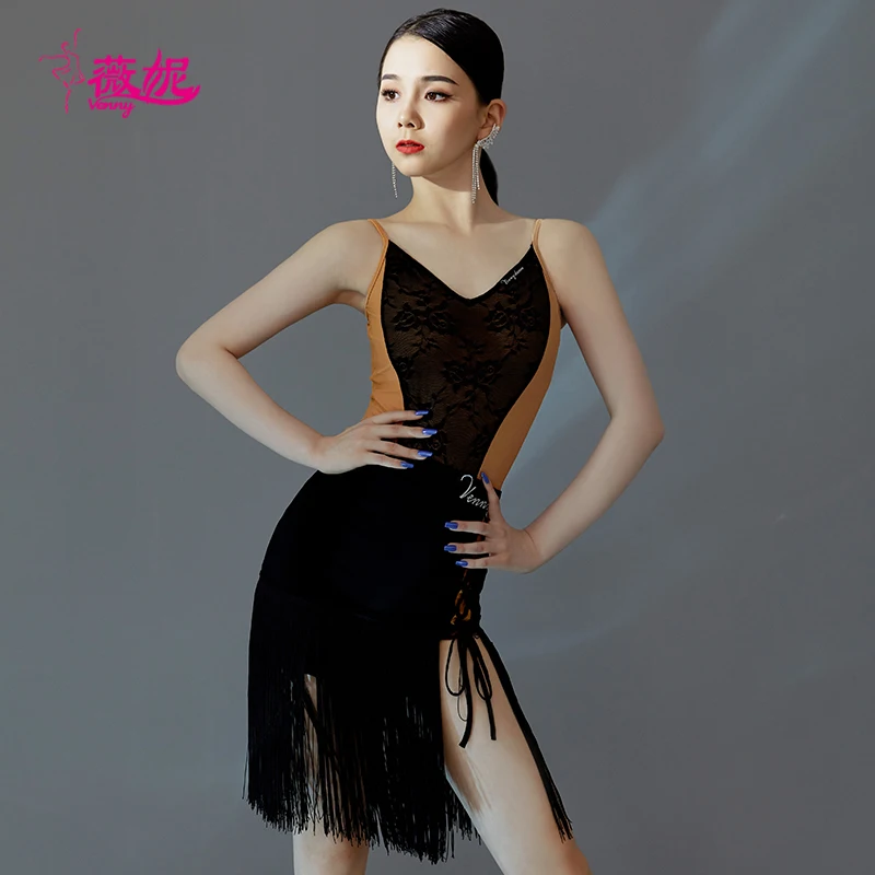 Vennystyle Latin Dance 2-Piece Set for Girls, Lace Insert Sleeveless, Trendy Training Practice Outfit Ballroom dance costume